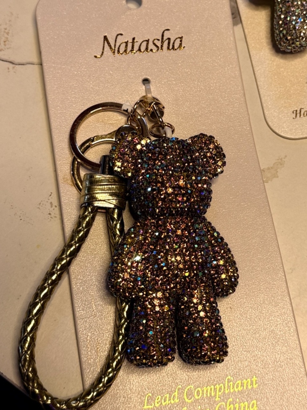 GOLD RHINESTONE TEDDY BEAR PURSE CHARM KEY CHAIN NATASHA
